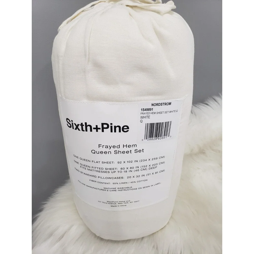 Sixth + Pine White Frayed Hem Queen Sheet Set 4pc Linen Cotton Blend‎ NEW